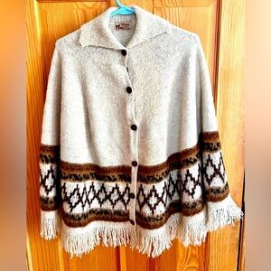 Fotrama Pure Alpaca Wool Knit Woven Poncho Cardigan Rustic Buttons Western Gift